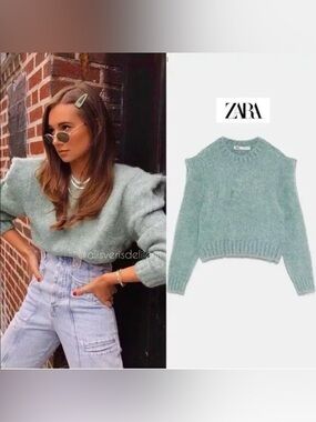 *ZARA* Soft Fuzzy Mint Green Cropped Crewneck Sweater